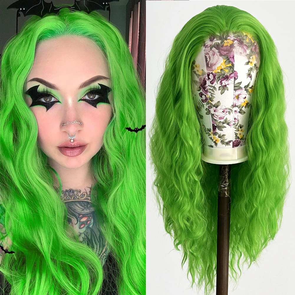 

UNIQUEWIG High Temperature Synthetic Lace Front Wig Long Hair Green Deep Wave Wigs for Women Natural Hairline Glueless Lace Wig