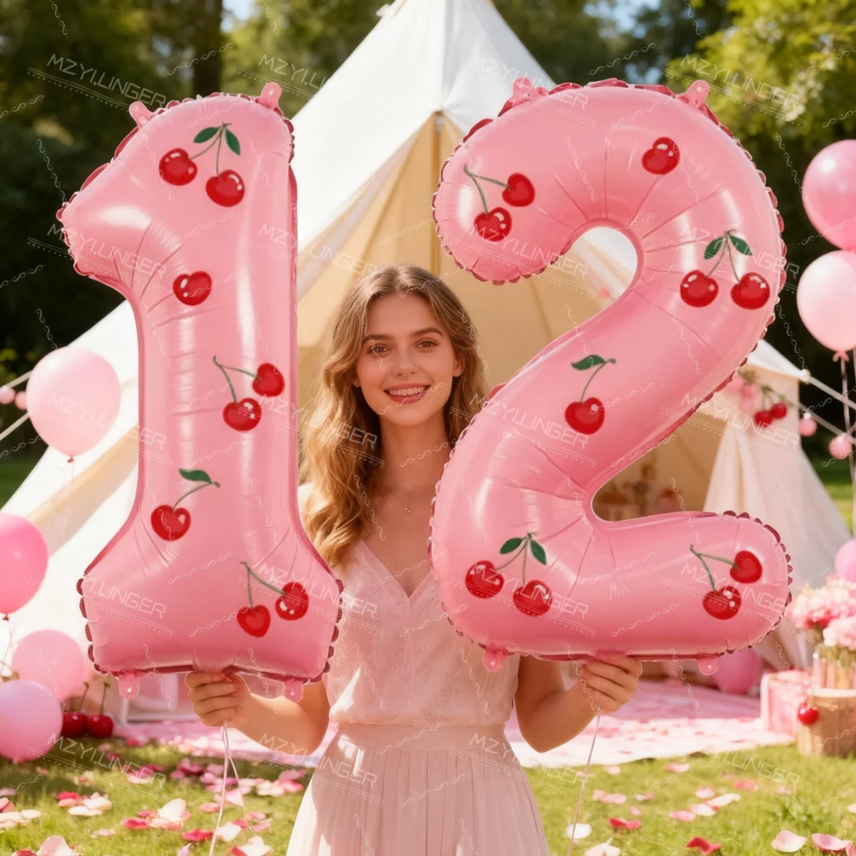 32 Zoll Rosa Digitaler Aluminiumfolienballon mit Kirsch-Aufkleber für Geburtstagsfeiern und Jubiläumsdekorationen – Detail 1
