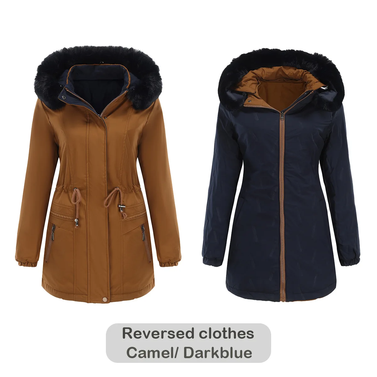 Chaqueta de invierno para mujer, Parka, abrigos para mujer, Chaqueta de algodón cálida de doble cara, gorra desmontable con cremallera, abrigo de invierno con Cuello de piel de algodón grueso