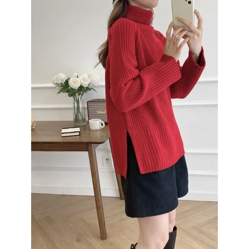 TRAF ZR Ins Red Turtleneck Pullovers Women 2024 Women\'s Winter Sweater Knit Y2k Knitwears Ladies 2023 Knitted Long Sleeve Top