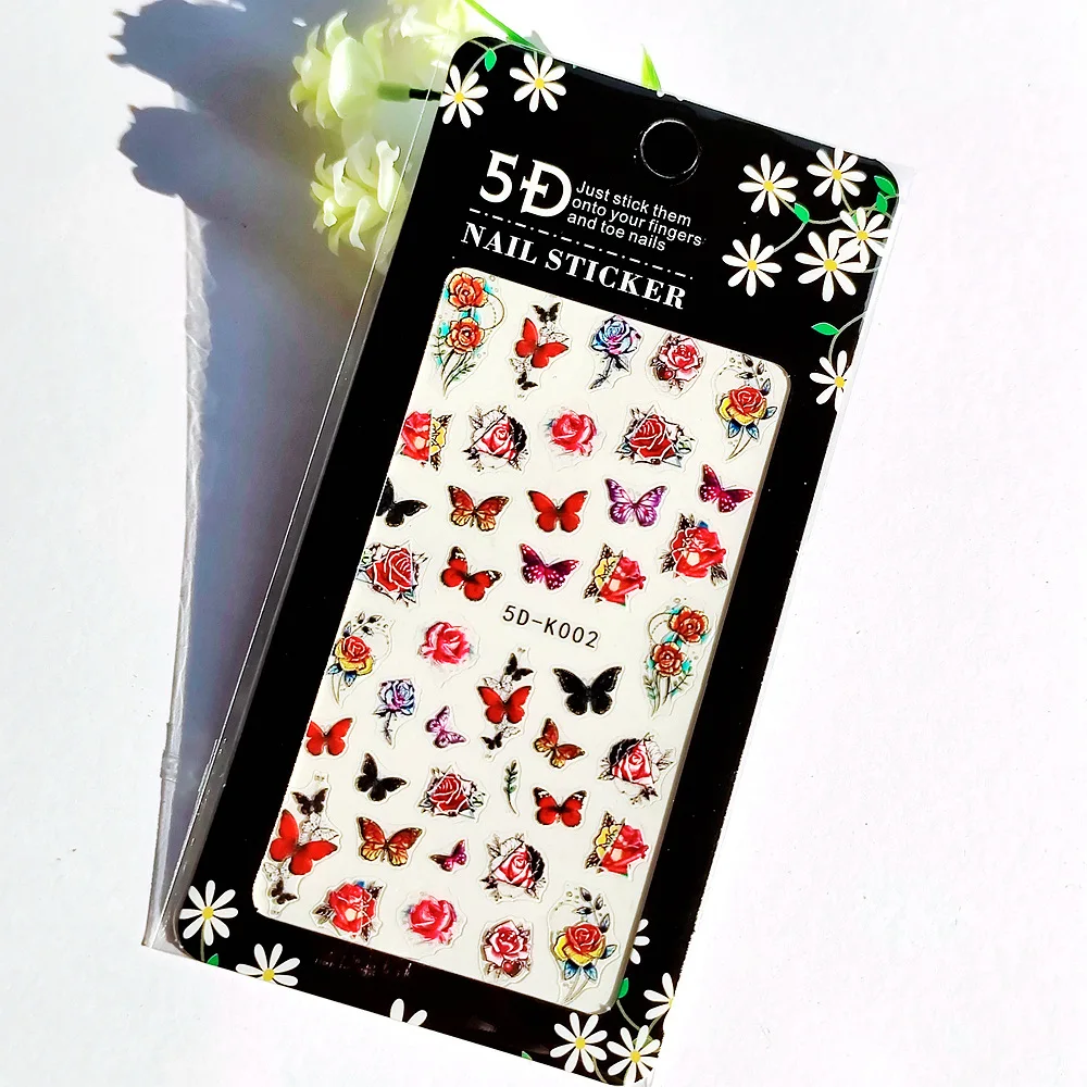 10PCS Plant Totem Nail Art Stickers Chrysanthemum  White Nail Art Decorative Decals 5D Glue Back Butterfly Cat Dog  Nail Slider