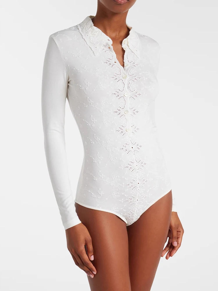 

Lapel Embroidery Female Clothing Elegant Sexy Long Sleeve Bodysuit Women's 2025 Fall New Arrival