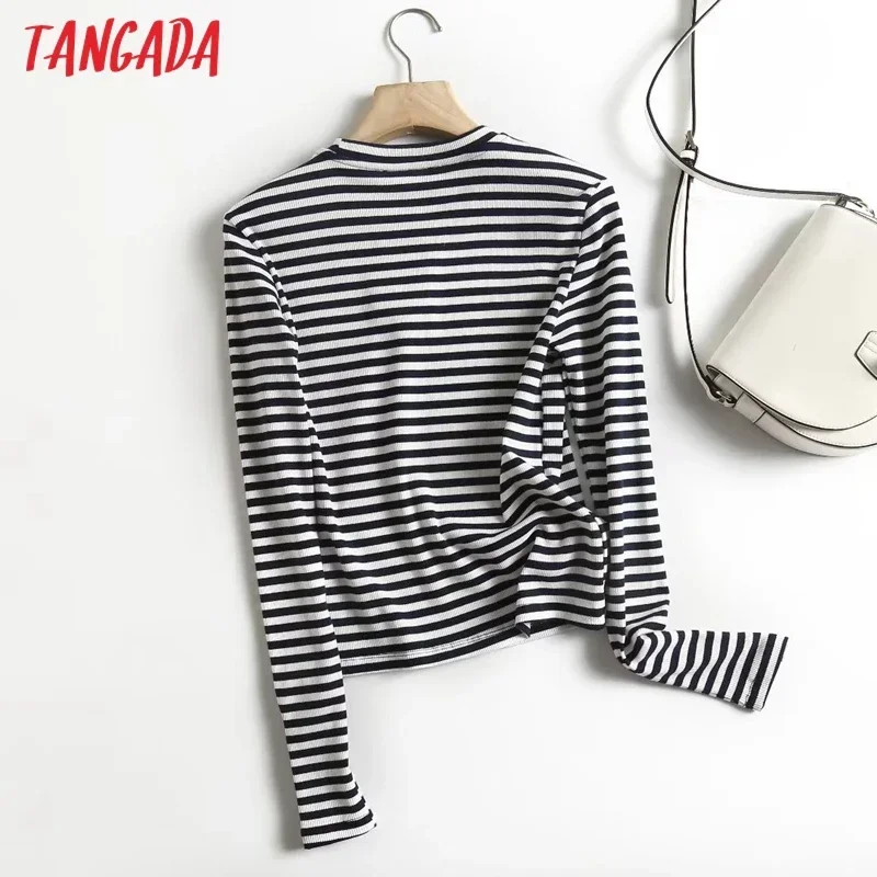 Tangada Women 2023 Elegant Striped Knitted Sweater Jumper Long Sleeve Female Crop Pullovers 4C312