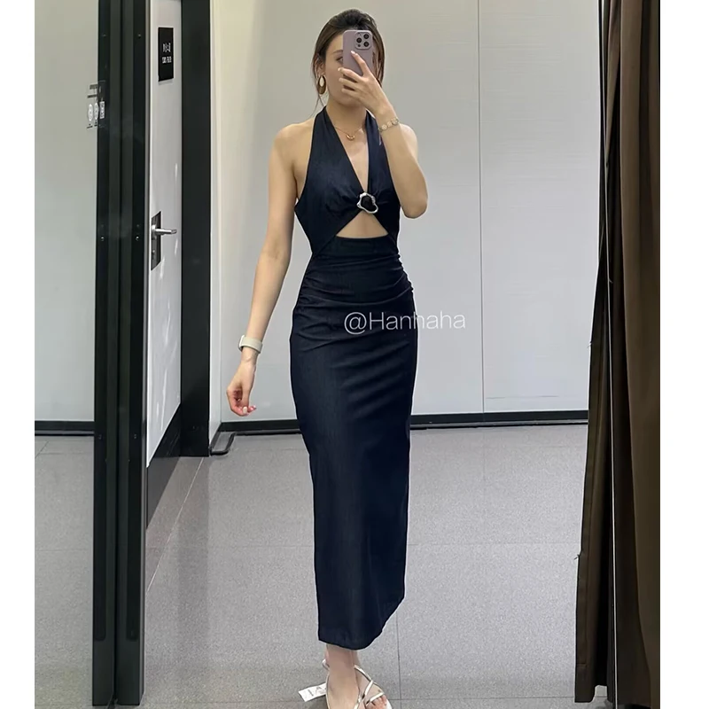 Denim Dress Summer 2025 New Fashion Slim V-neck Hanging Neck Elegant Long Dress Women Street Holiday Chic Youth Party Dress