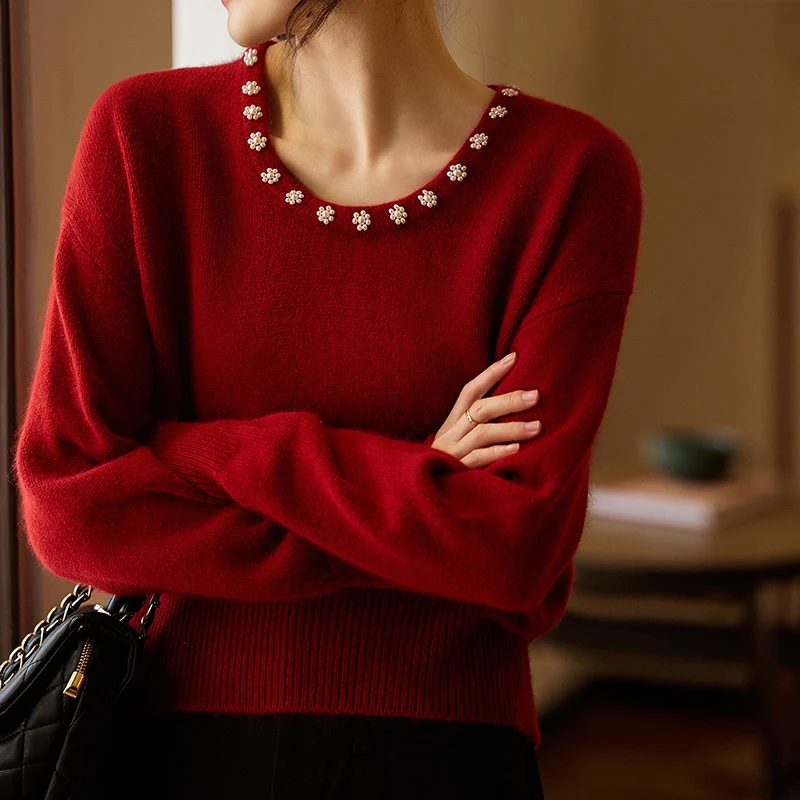 Mode 100% laine mérinos perles exquises col rond pull pull cachemire manches longues couleur unie doux mode vêtements haut
