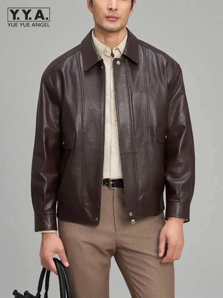 New Outdoor Designer Mens Sheepskin Genuine Leather Jackets Coat Turn Down Collar Loose Long Sleeves Outwear Autumn Casual Male