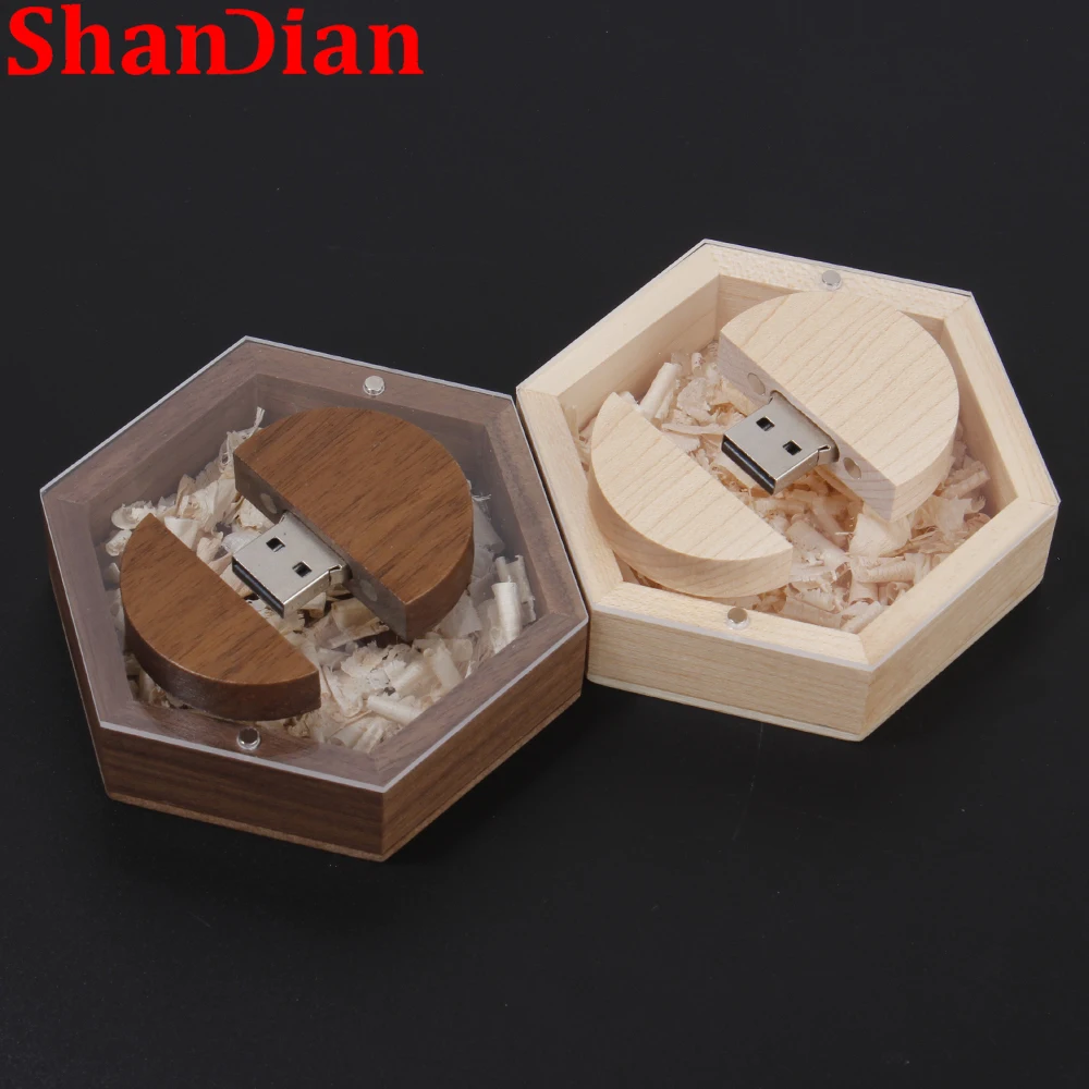 SHANDIAN Round Weeden USB Flash Drive 128GB Free Custom Logo Memory Stick 64GB Hexagonal Box Pen Drive 32GB 16GB Creative Gift