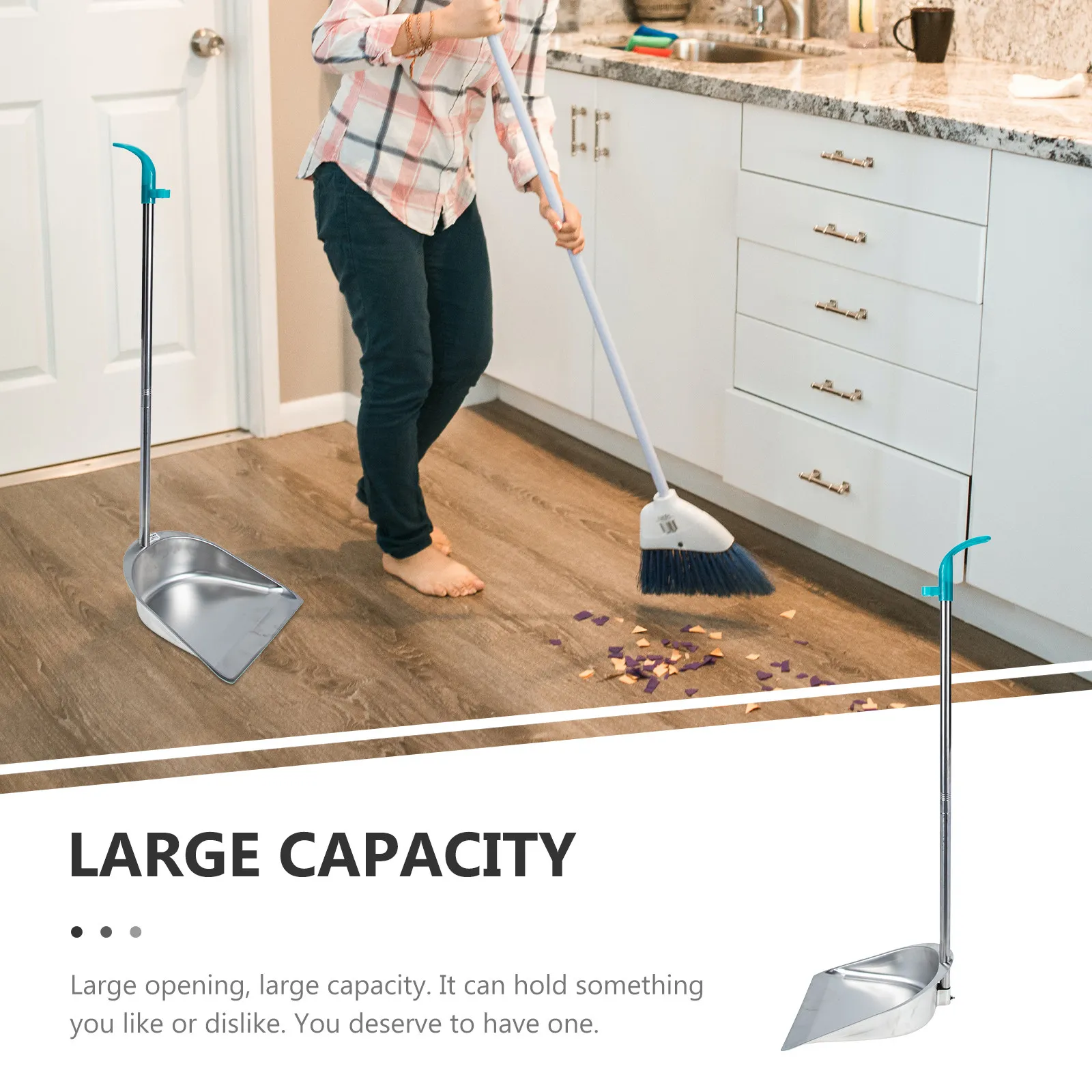 Long Handle Garbage Shovel Ergonomic Comfort Grip Large Capacity Smooth Polished Stainless Steel Home Kitchen Cleaning Dustpan