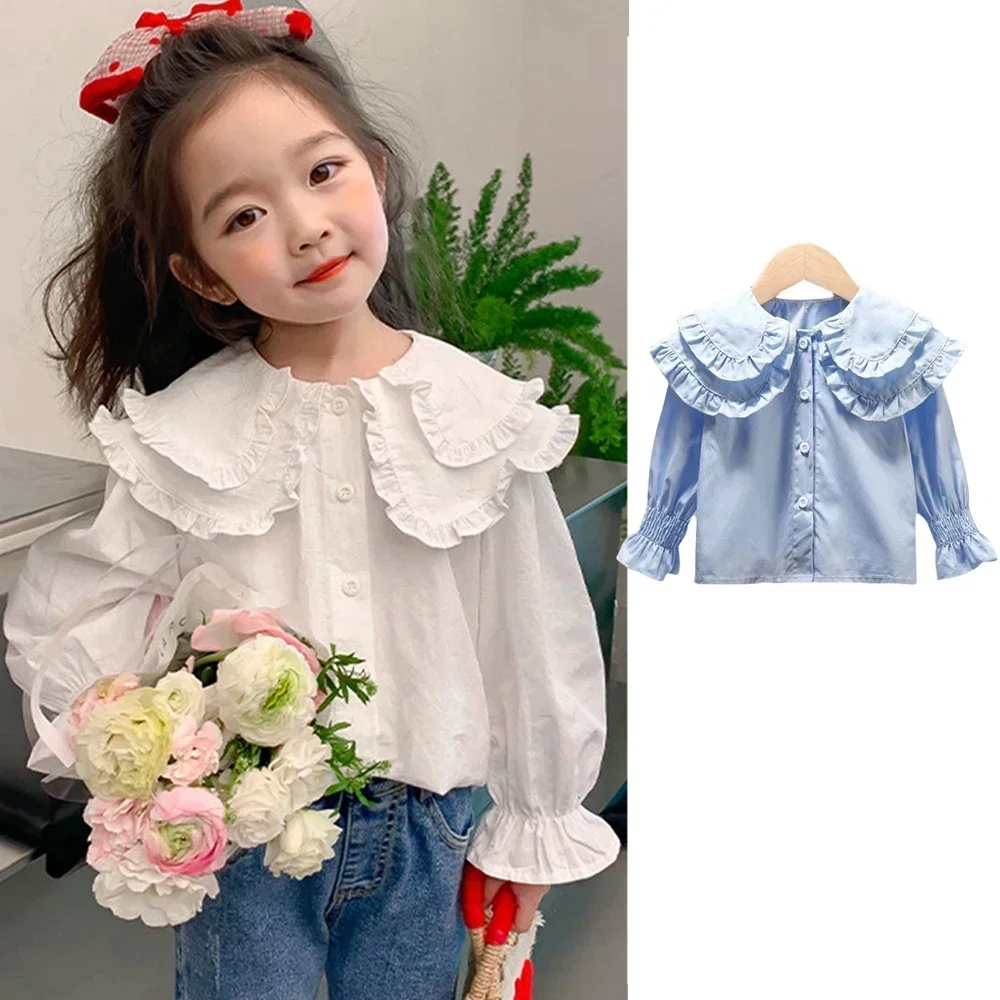 Baby Girls Blouses Kids Cotton Shirts 2024 Spring Fall Doll Collar Tops 1 To 6 Yrs Children's Korean Style Clothing Solid Color