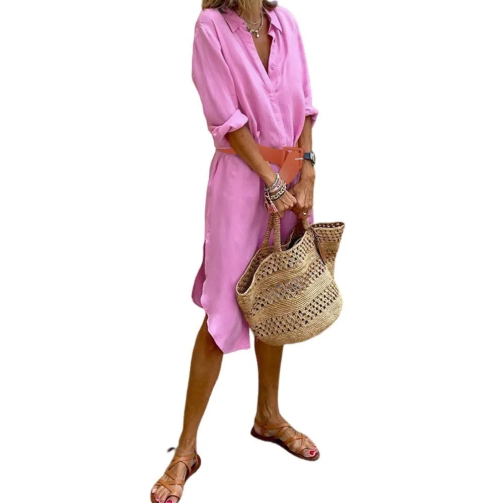 Robe ample décontractée pour femmes, nouvelle collection printemps-automne, à la mode, élégante, couleur unie, revers avec boutons, chemise, 2025