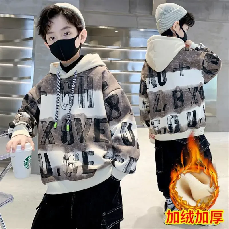 

Boys Autumn Winter Sweatshirts Thick Velvet Hoodies2024 New Children's Hooded Printed Clothes Kids Hoodie for 6 8 10 12 14 Years