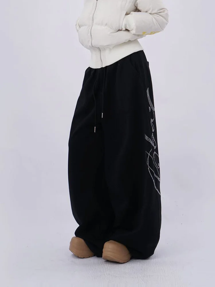 Harajuku y2k diamante preto sweatpants feminino solto vintage americano hip hop calças primavera cintura alta bf streetwear carta
