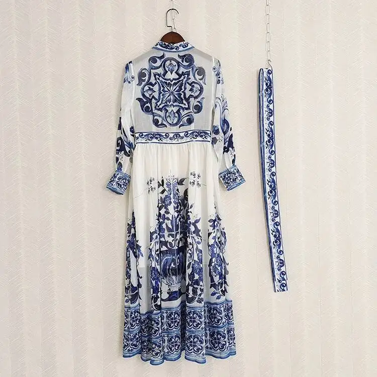 JAMERARY-Robe en mousseline de soie à manches longues pour femme, imprimé floral, cristal perlé, bleu, blanc, fausse porcelaine, robe éducative