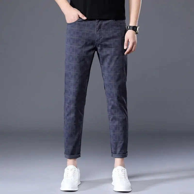 

Trend Summer Korean Cotton Straight Casual Pants Men's Printed Button Zipper Pocket Summer Plaid Breathable Trousers JJ712