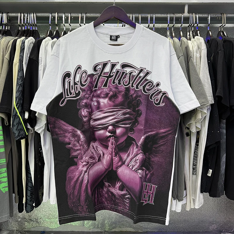 Unisex T Shirt Rhinestone Life Hustlers Letter Black Blindfold Praying Cherub Print Loose Casual Hip Hop Streetwear Short Sleeve