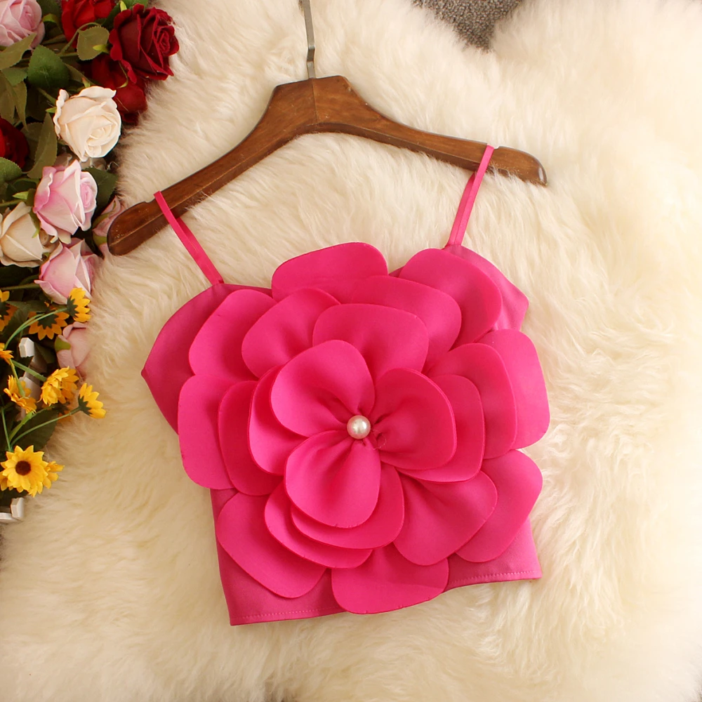 

Seasonal Heavy-Detailed Beads 3D Flower Women's Sexy Spicy Vest Csoles Csole Crop Suits Simple Color Garments