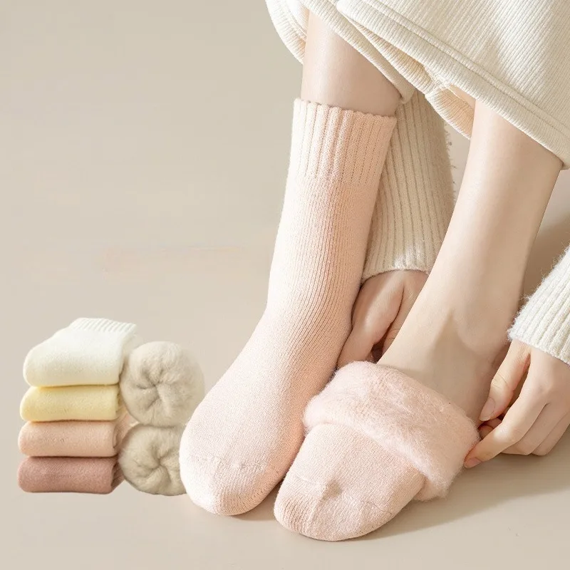 

1 Pair Women's Thick Solid-Color Fleece Mid-Calf Cozy Socks Fall Winter Warm Socks Set Ladies Wool Fluffy Socks High Quality