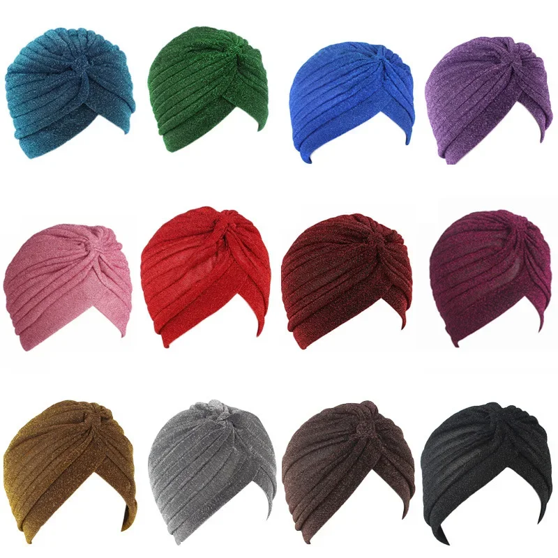 Full Head Hat Bling Gold Silk Headband Knot Twist Turban Cap Warm Headwear Casual Indian Hats for Women Caps Gorras Para Mujer