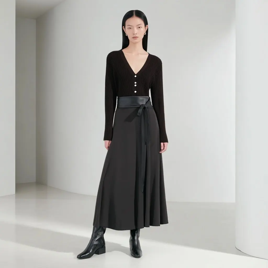 تنورة نسائية لخريف وشتاء على شكل حرف A متوسطة الطول كاجوال بخصر عادي عصرية بدون ملابس تزيين