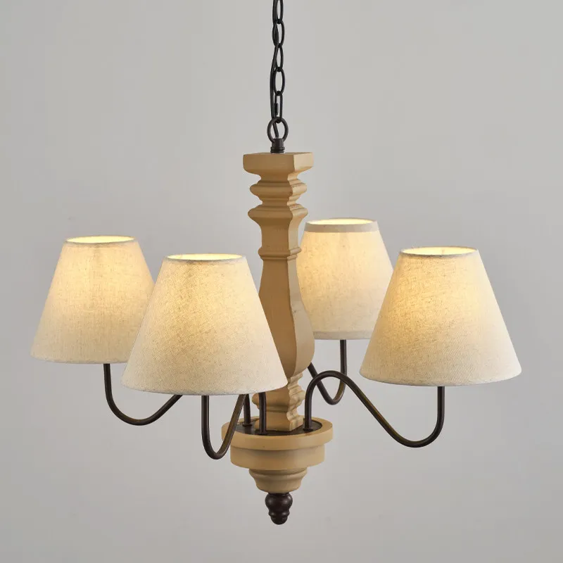American Style Wooden Chandelier With Fabric Lamp Shade 4 Lights In Dining Room Bedroom Entryway French Hanging Chandeliers