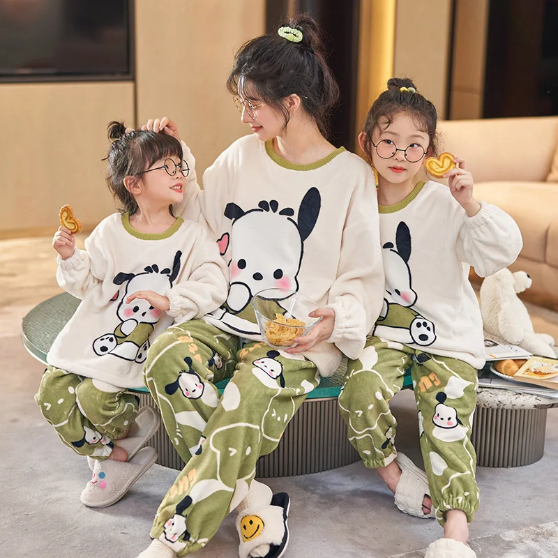 Kuromi Autumn Winter Child Pajamas Flannel Long Sleeves Pullover Sanrios Cartoon Parent-Child Boy Girl Lounge Clothes Suit