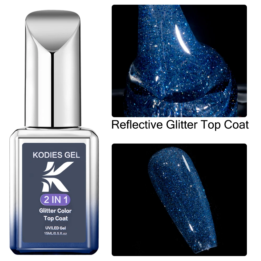 KODIES GEL Reflective Glitter Gel Top Coat No Wipe Sparkle Diamond Blue Shine Soak Off Nail Art Polish Semi Permanent UV/LED Gel