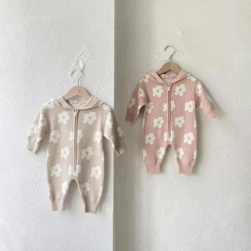 2026 Spring New Baby Long Sleeve Hooded Knitted Romper Infant Boy Girl Cute Flower Casual Zipper Jumpsuit Toddler Clothes 0-24M