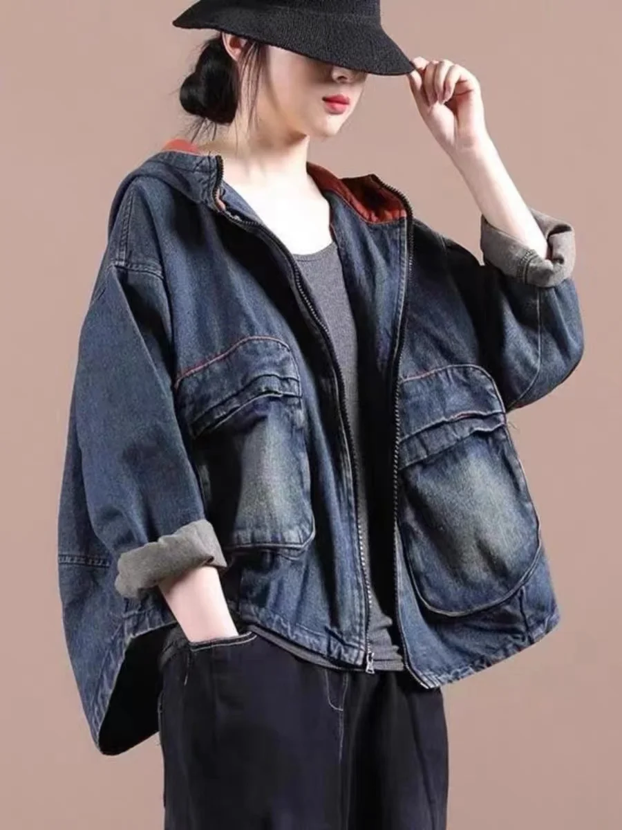 

Casual Artistic plus Size Women's Denim Jaet Spring Autumn Sle Patchwork Hooded Top Trendy Commute Loose Fit Long Sve