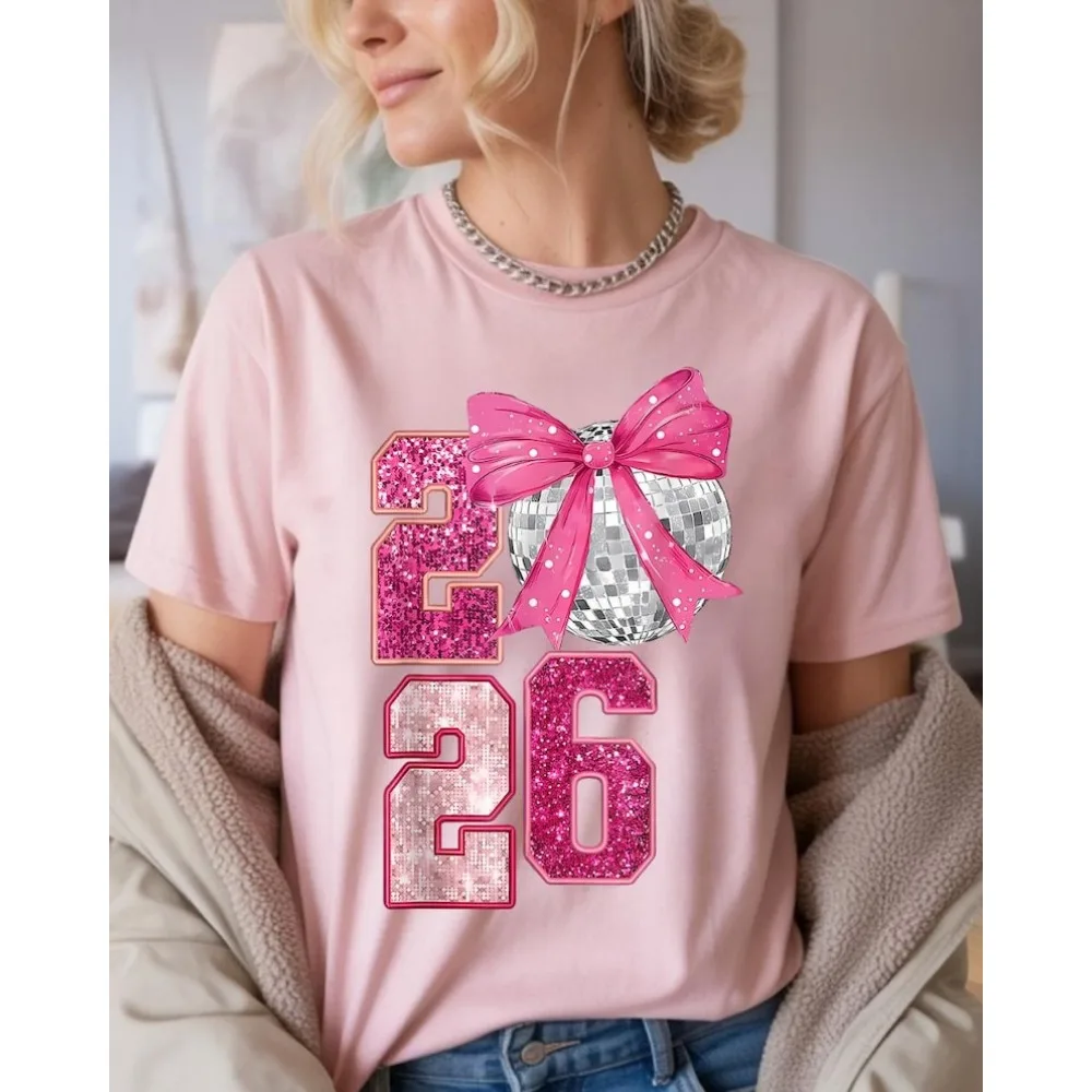 

Pink New Year 2026 T-Shirt Retro Disco Ball Y2k Accessories T Shirt Women Clothes Gothic Aesthetic Cotton Tees