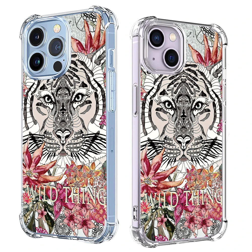 Odporne na wstrząsy etui na telefon iPhone 15 14 13 12 11 Pro X XS XR Max 7 8 Plus SE Mini kwiat Tiger Leopard miękka przezroczysta tylna obudowa TPU