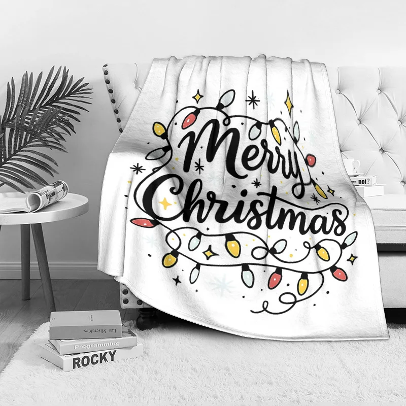 Handwritten Merry Christmas Fleece Blanket, Colorful Bulb and Star Pattern, Cozy White Throw for Holiday Couch Decor
