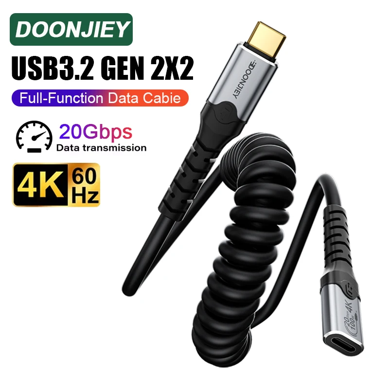 DOONJIEY Full Function Spring Coiled USB3.2 Gen2x2 20Gbps PD 100W Type-C Cable 4K Compatible Thunderbolt 3/4 For MacBook iPad