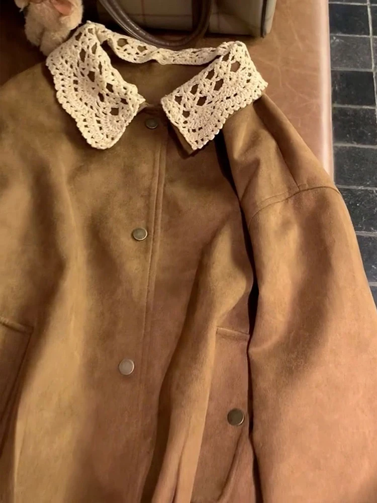 Women Korean Vintage Jacket Autumn Patchwork Bandage Streetwear Casual Coats Y2K Hottie Loose Long Sleeve Button Brown Outwear