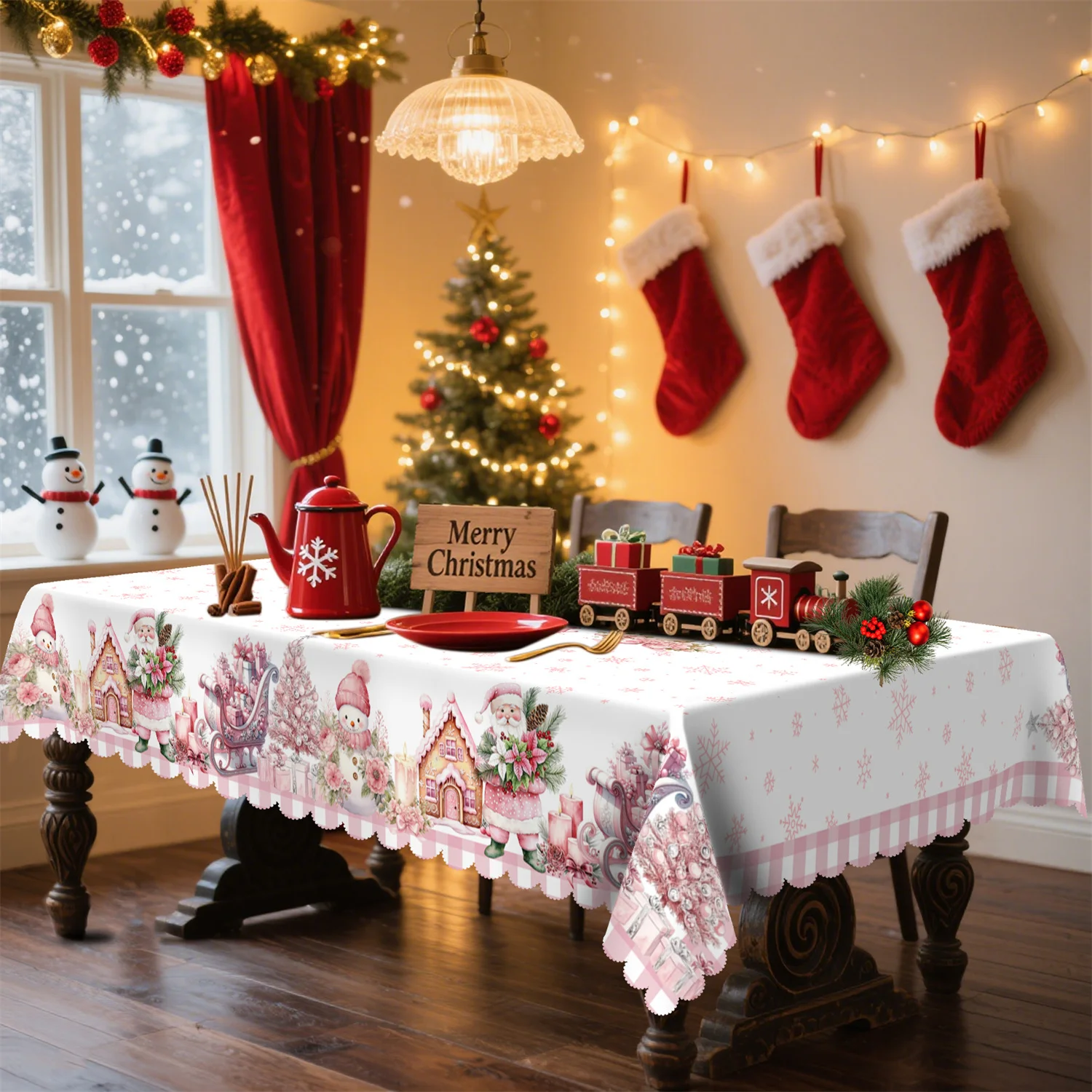 Poinsettia Holly Leaf Berry Pine Branch Pine Cones Santa Snowman Gift Candle Cabin Christmas Tablecloth 1 Pack