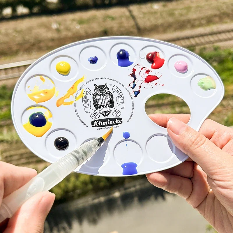 Schmincke Artist Paint Palette Oval Shape 10 Wells Mixing Palette Easy Clean for Watercolor Gouache Painting Art Supplies