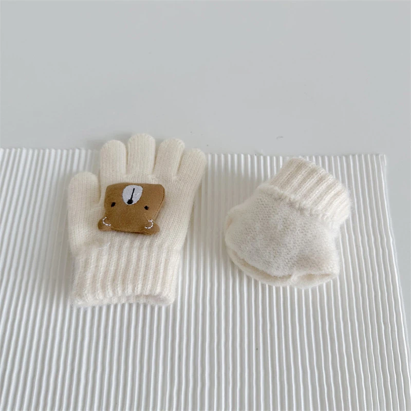 Bear Cute Baby Gloves Winter Warm Thicken Knitted Full Fingers Gloves for Boy Girl Solid Color Cartoon Kids Riding Mittens