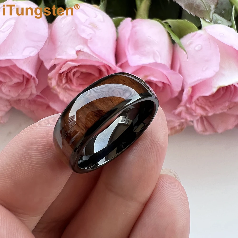 iTungsten 8mm 6mm 4mm Men Women Tungsten Wedding Band Fashion Jewelry Ring With Dark Wood Inlay Domed Polished Comfort Fit