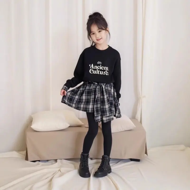 

Новая мода для девочек, осенне-весенний хлопковый свитер с длинными рукавами, клетчатая юбка + брюки, костюмы из 2 предметов, детская повседневная одежда для детей 4–12 лет, одежда