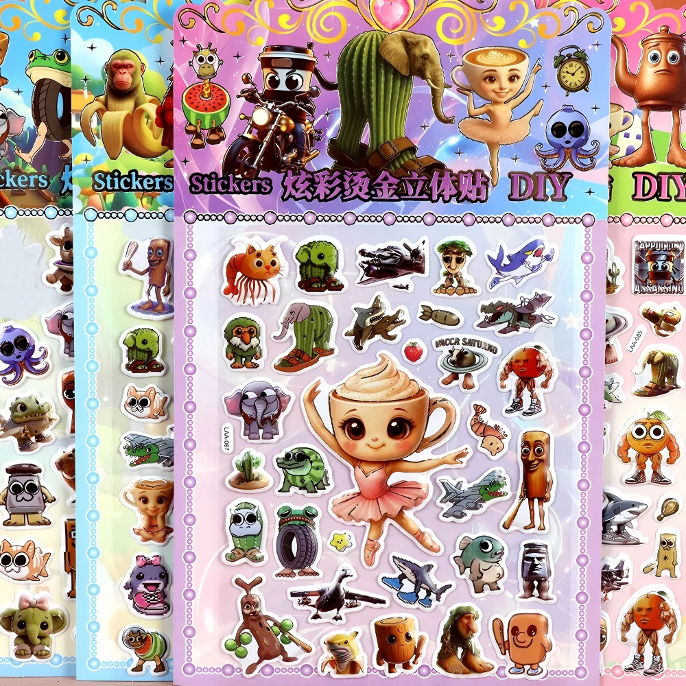 Tung Tung Sahur 3D Puffy Bubble Stickers Italian Brainrot Cartoon Abstract Animal Decals for Scrapbook Laptop Guitar Sticker Toy