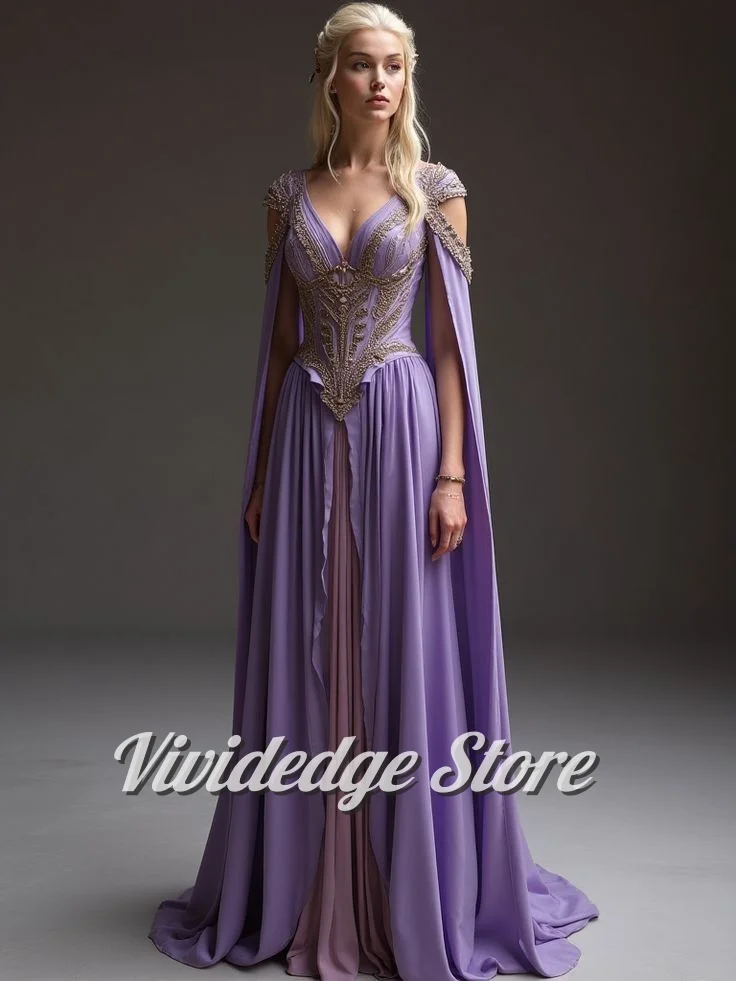Maßgeschneidertes lila Mid-Century Vintage-Abendkleid mit V-Ausschnitt, Feenärmel, besetzte, perlenbesetzte Taille und Boden-Genie-Ballkleider