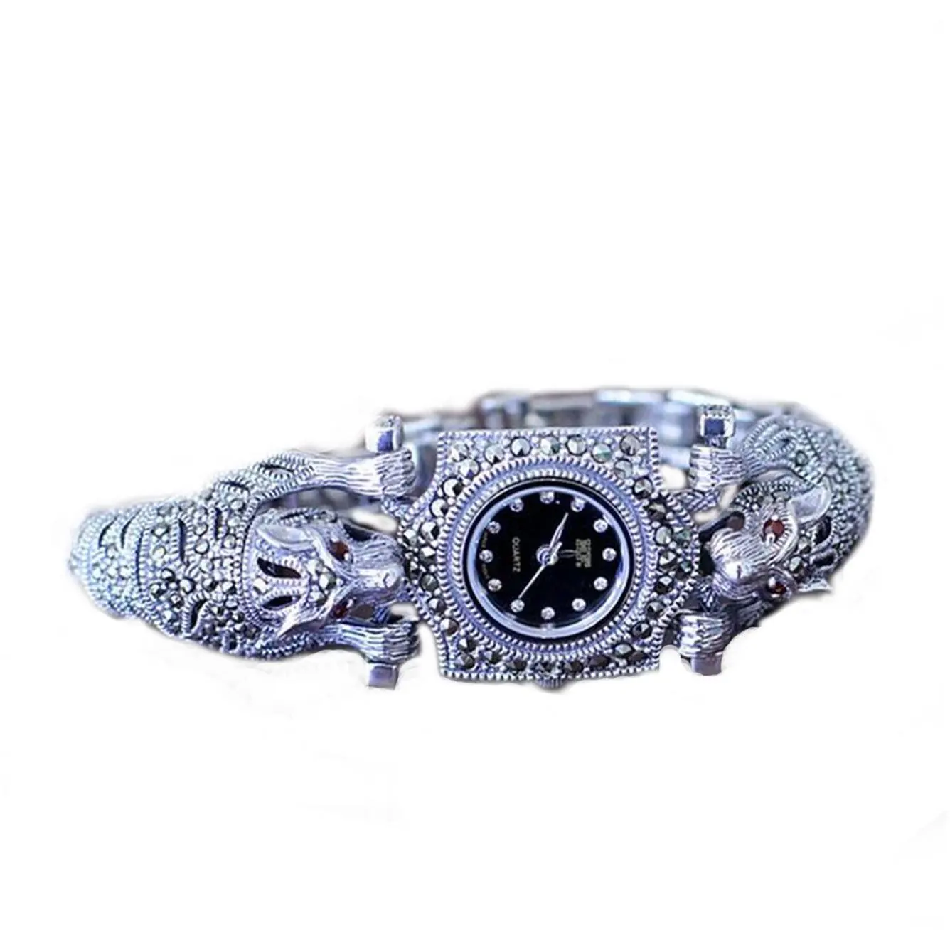 Solid 925 Sterling Silver Thailand Silver  Marcasite Luxury Wrist Watches Leopard Bracelet Women's Quartz Watches Fine Jewelry