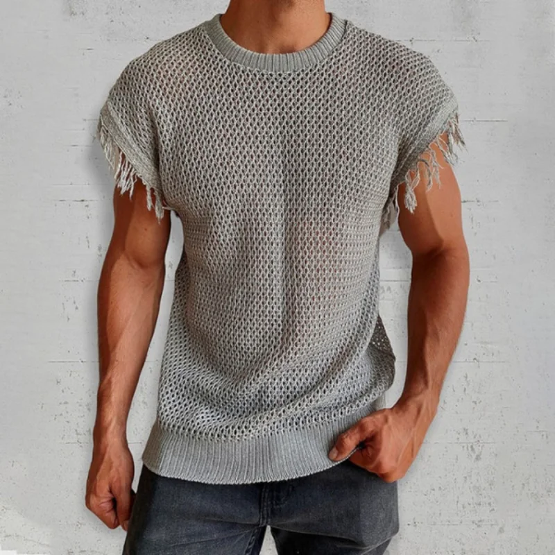 

Transparent Hollow Sleeveless Top T-shirt Summer European Men's Tassels Sexy Fashion Trend