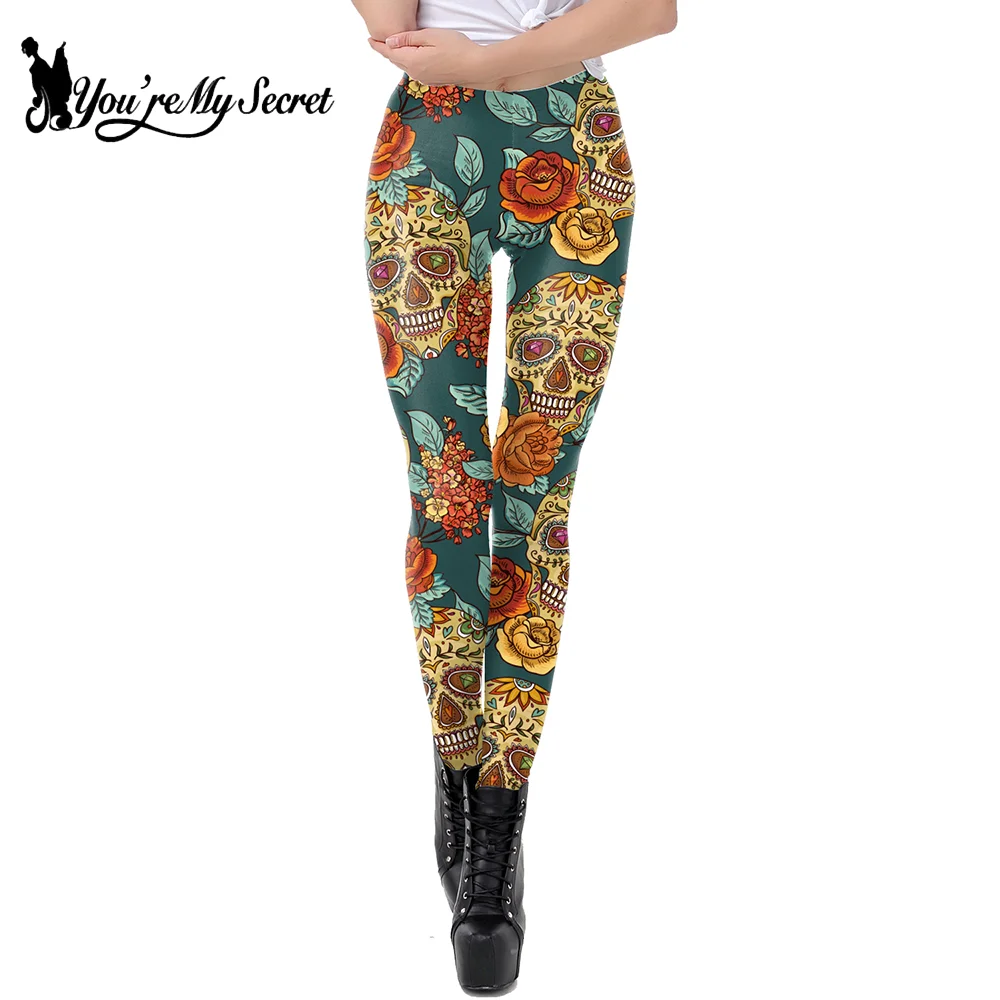[You're My Secret] Halloween Colorful Skull Rose Print Leggings Women Elastic Soft Yoga Pants Day of The Dead Holiday Trousers