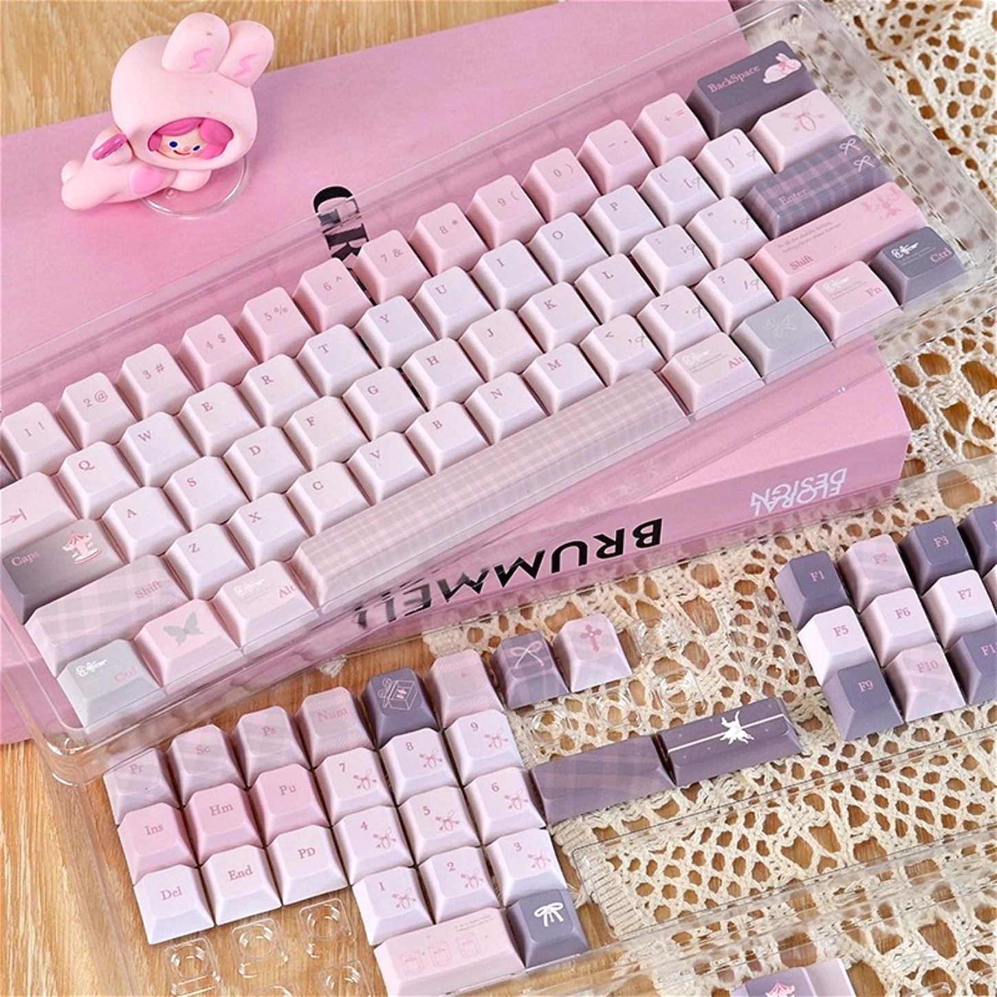 Pink Keychain, Gentle Girl Cherry Keycap PBT 127 Keys, Customized for 60/84/98/108 Mechanical Keyboard
