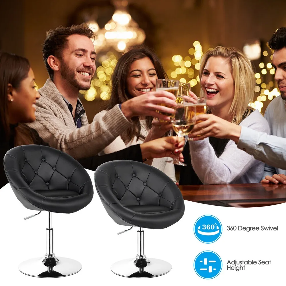 2 PCS Swivel Bar Stools Height Adjustable Round Tufted Back Chairs Black