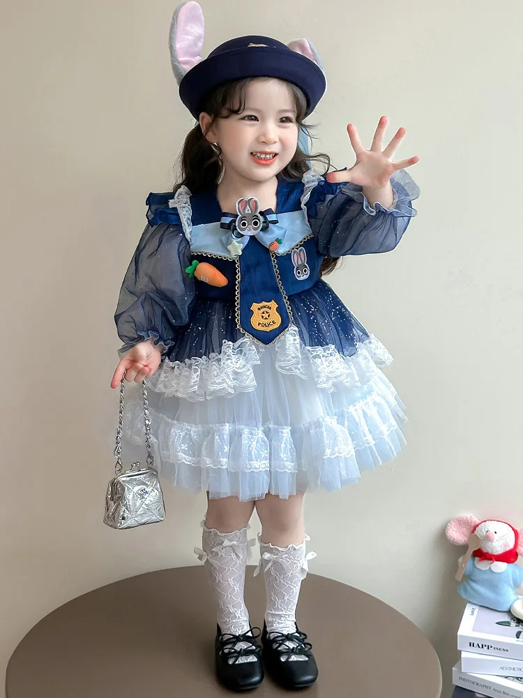 Girl Rabbit Officer Dress2025Spring and Autumn New Children's Little Girl Western Style Spring Princess Dress