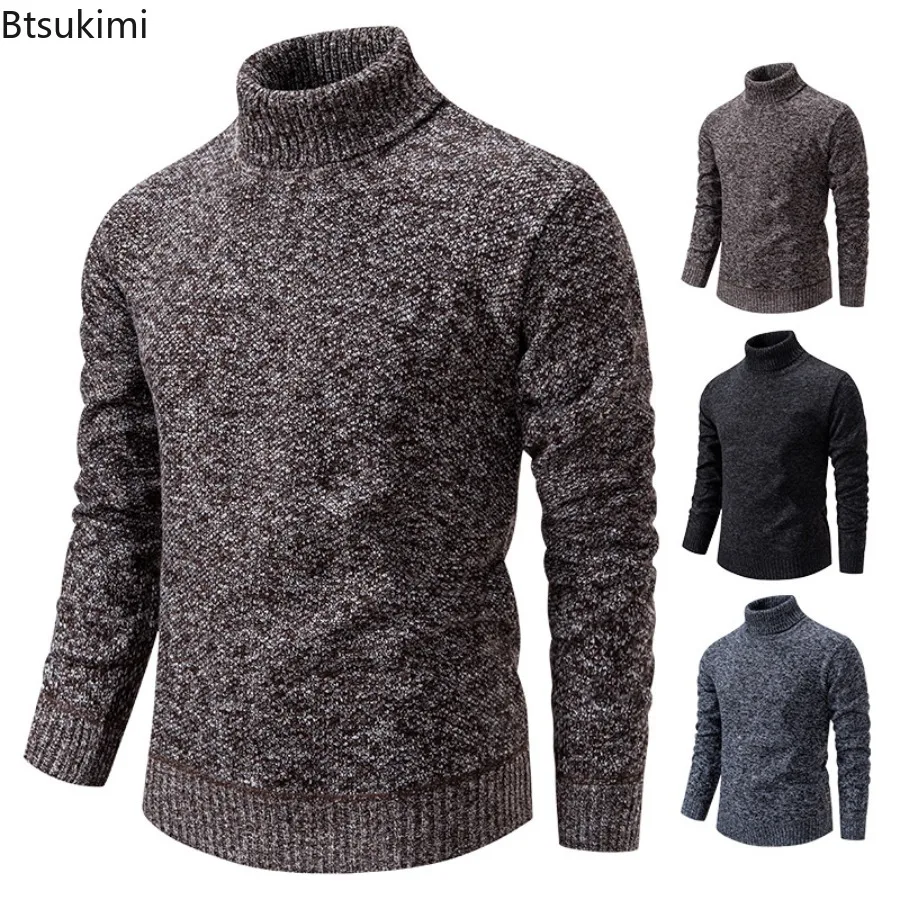 

New 2024 Men's Winter Warm Thicker Sweaters Turtleneck Knitted Sweaters Pullovers Male Slim Solid Knit Bottoming for Men Tops