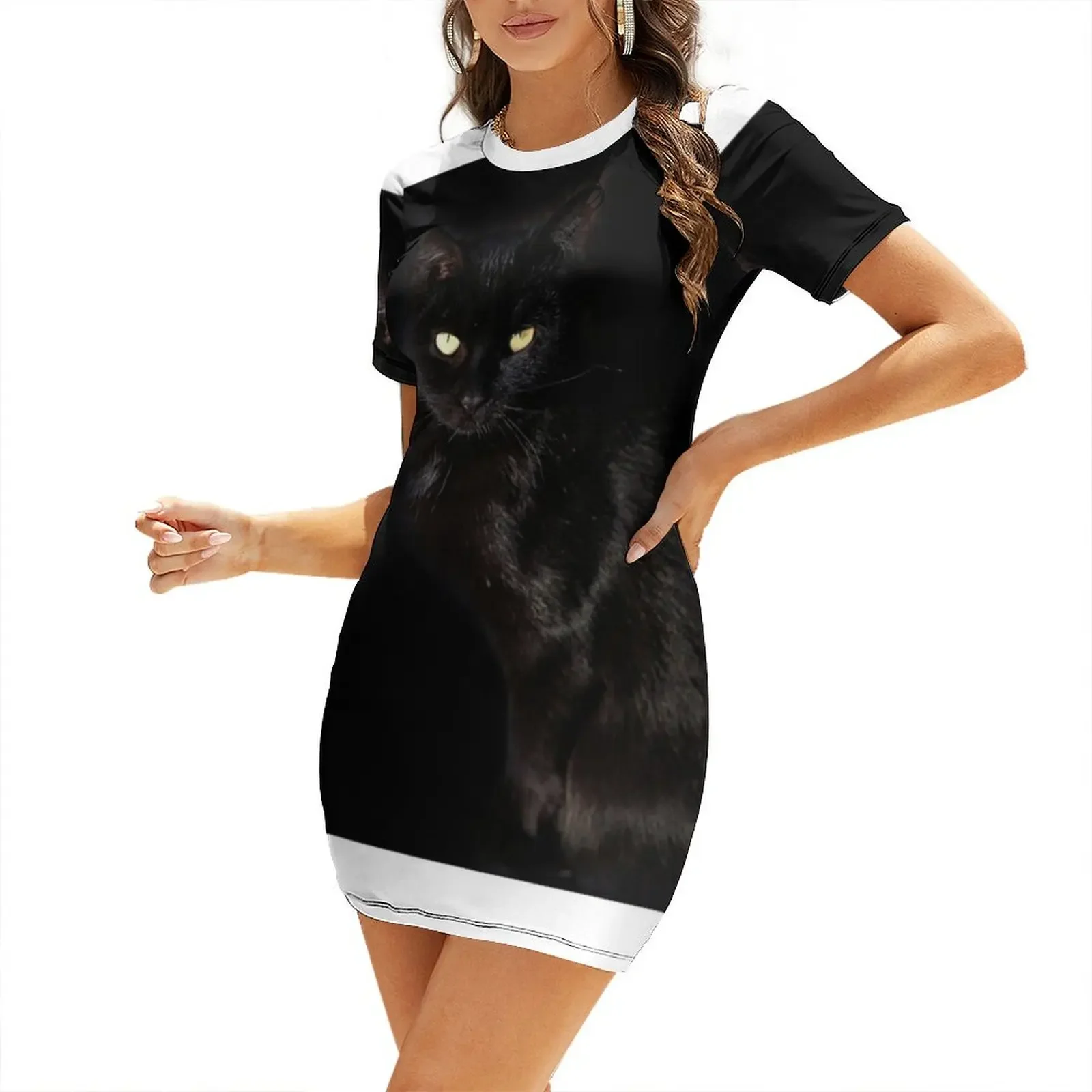 

portrait of black wild cat Short-Sleeved Dress Summer skirt Dress vintage Casual dresses Bridesmaid dress woman