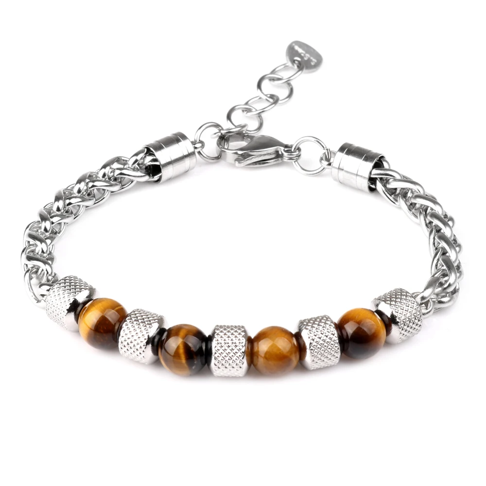 Stainless Steel Chain Stone Bracelet Tiger Eye Beads Adjustable Bracelet Men Women Charm Jewelry Hot Sale