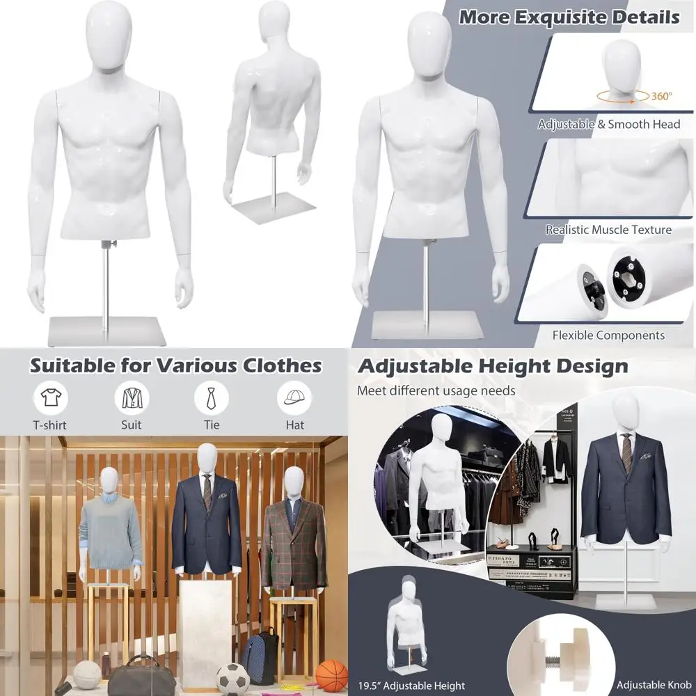 

Adjustable Height Male Mannequin with Metal Stand, Flexible Components, Lightweight Dress Form for Men's Clothing Display